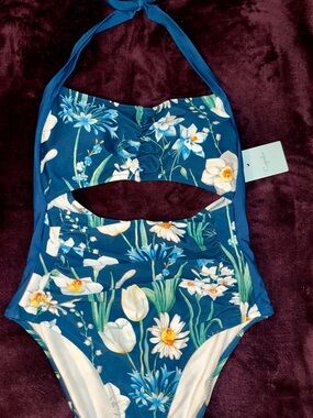 Cupshe Blue Floral Cutout One-Piece Swimsuit NWT